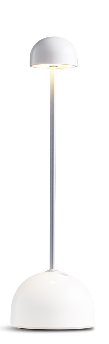 Sips Akkuleuchte von Marset, weiße Tischleuchte mit silbernem Stab, modernes Design für Innenräume.