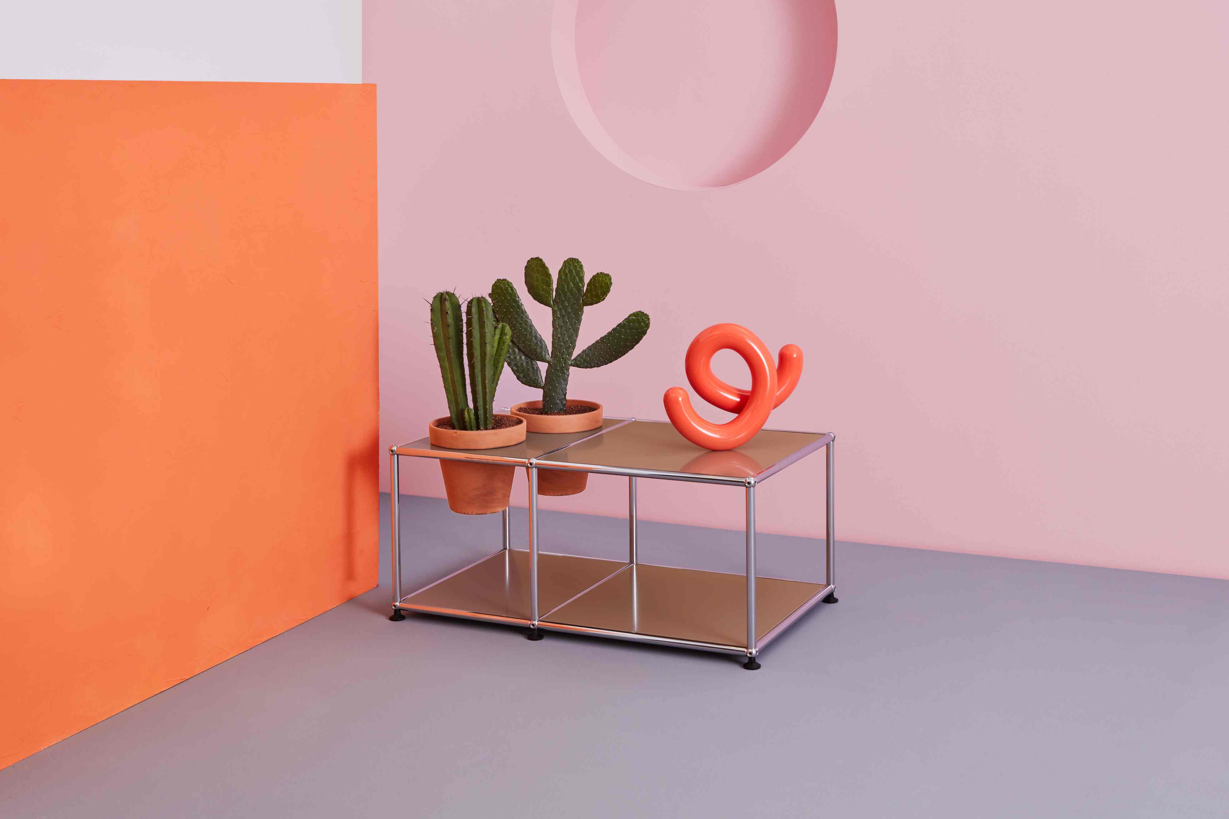 Mittelgrauer USM Haller Beistelltisch von Pflanzenwelten mit Kakteen und orangefarbener Dekoration vor farbigem Hintergrund.