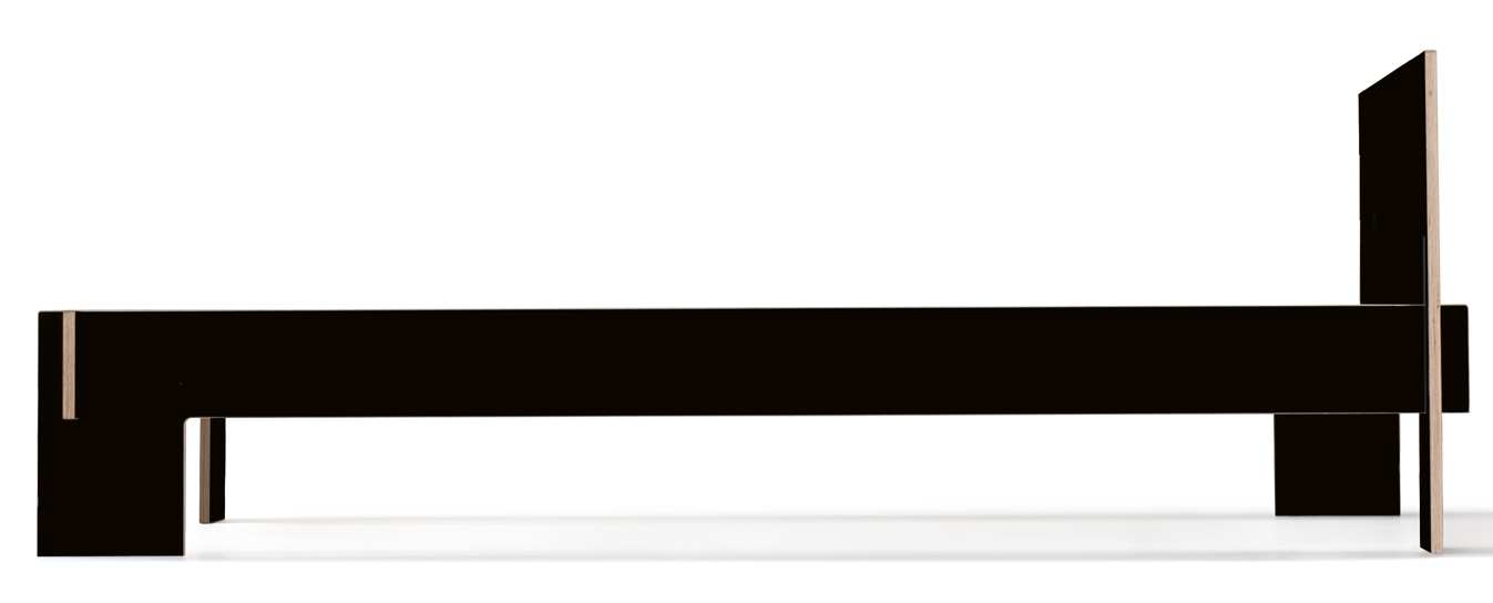 Schwarzes Siebenschläfer Bett von Moormann mit minimalistischem Design und integriertem Kopfteil, Größe 180 cm.