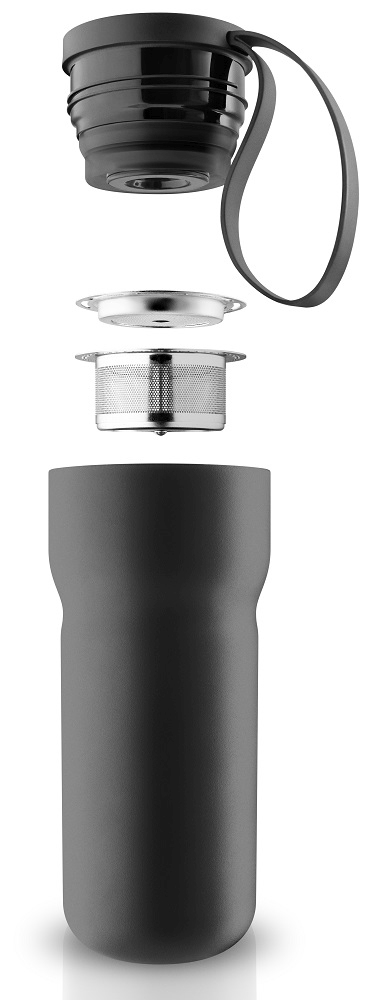 Explosionsansicht: Schwarzer Thermo-Teebecher von Eva Solo mit Teefilter und Deckel.