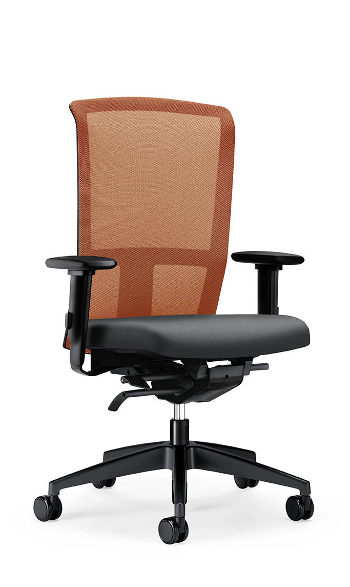 Interstuhl Goal-Air Bürostuhl mit orangefarbenem Netzrücken und schwarzer Sitzfläche, ergonomischer Drehstuhl für Büro.