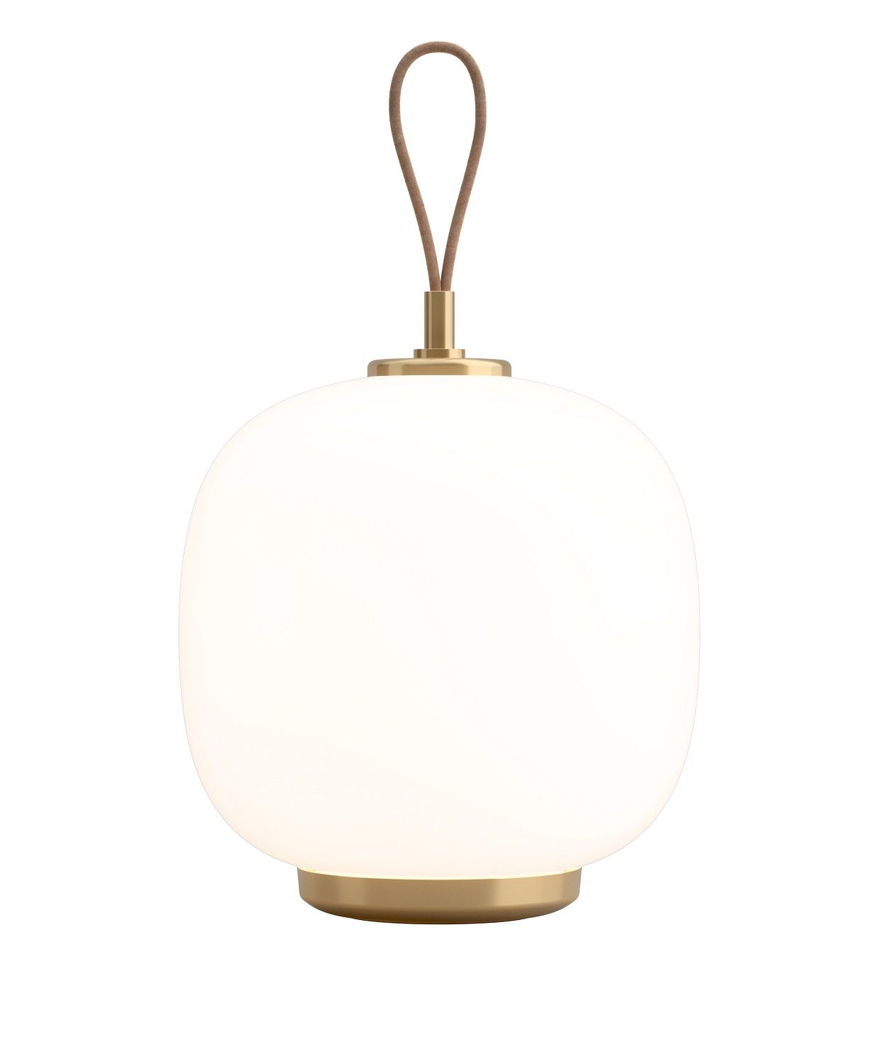 Nahaufnahme der VL 45 Radiohus Tischleuchte von Louis Poulsen, eine tragbare Akkuleuchte mit Glas und Leder.