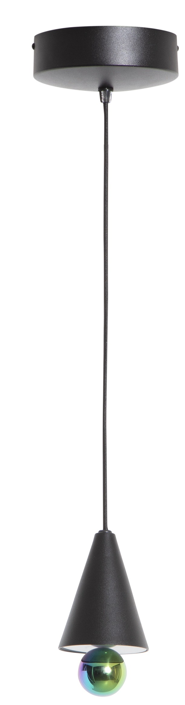 Nahaufnahme der Cherry Pendelleuchte XS von Petite Friture, schwarze Hängelampe mit bunter Kugel.