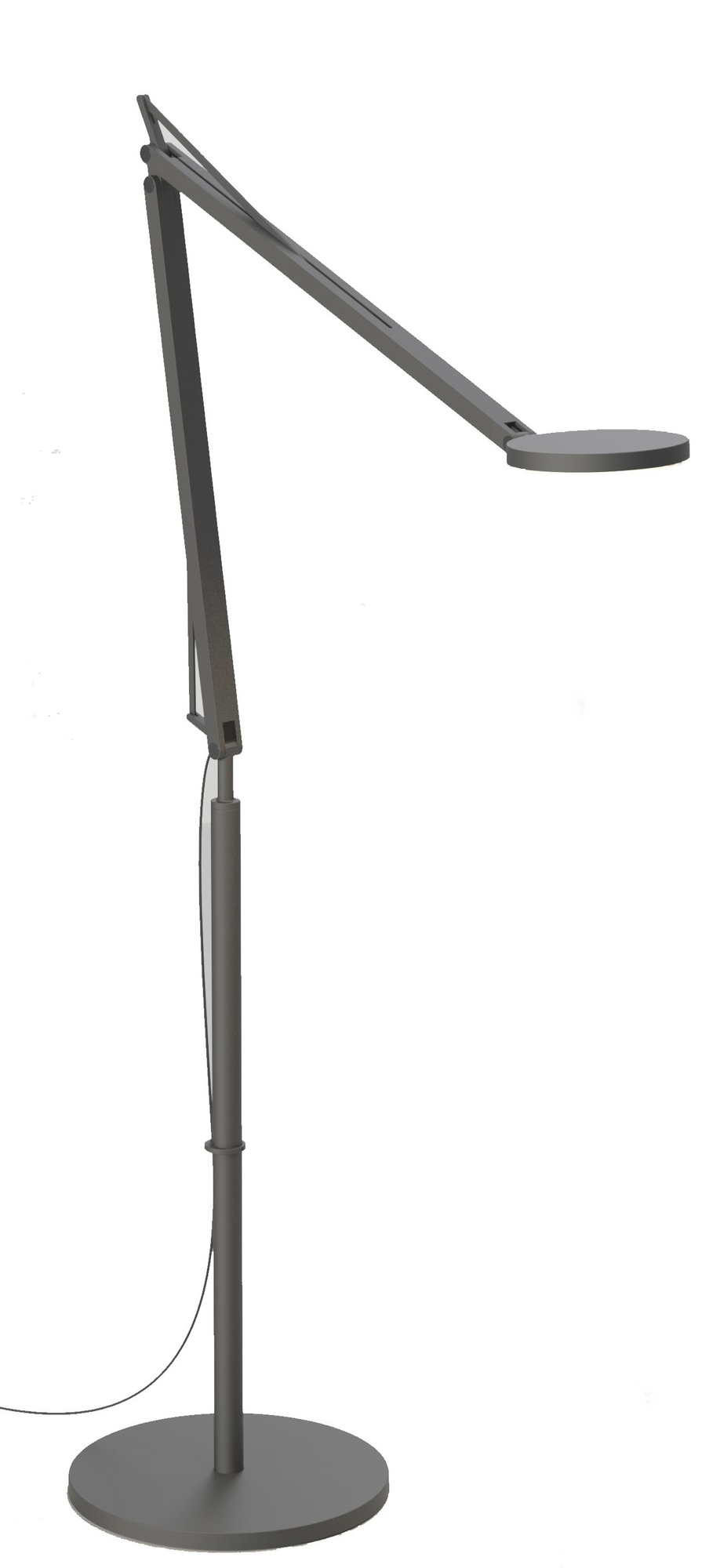 Graue John Stehleuchte mit verstellbarem Arm und runder Basis für Wohnzimmer und Büro.
