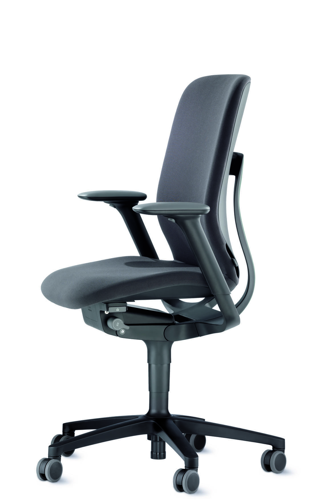 Grauer Wilkhahn AT Drehstuhl mit Armlehnen und Rollen, ergonomischer Bürostuhl für gesundes Sitzen.