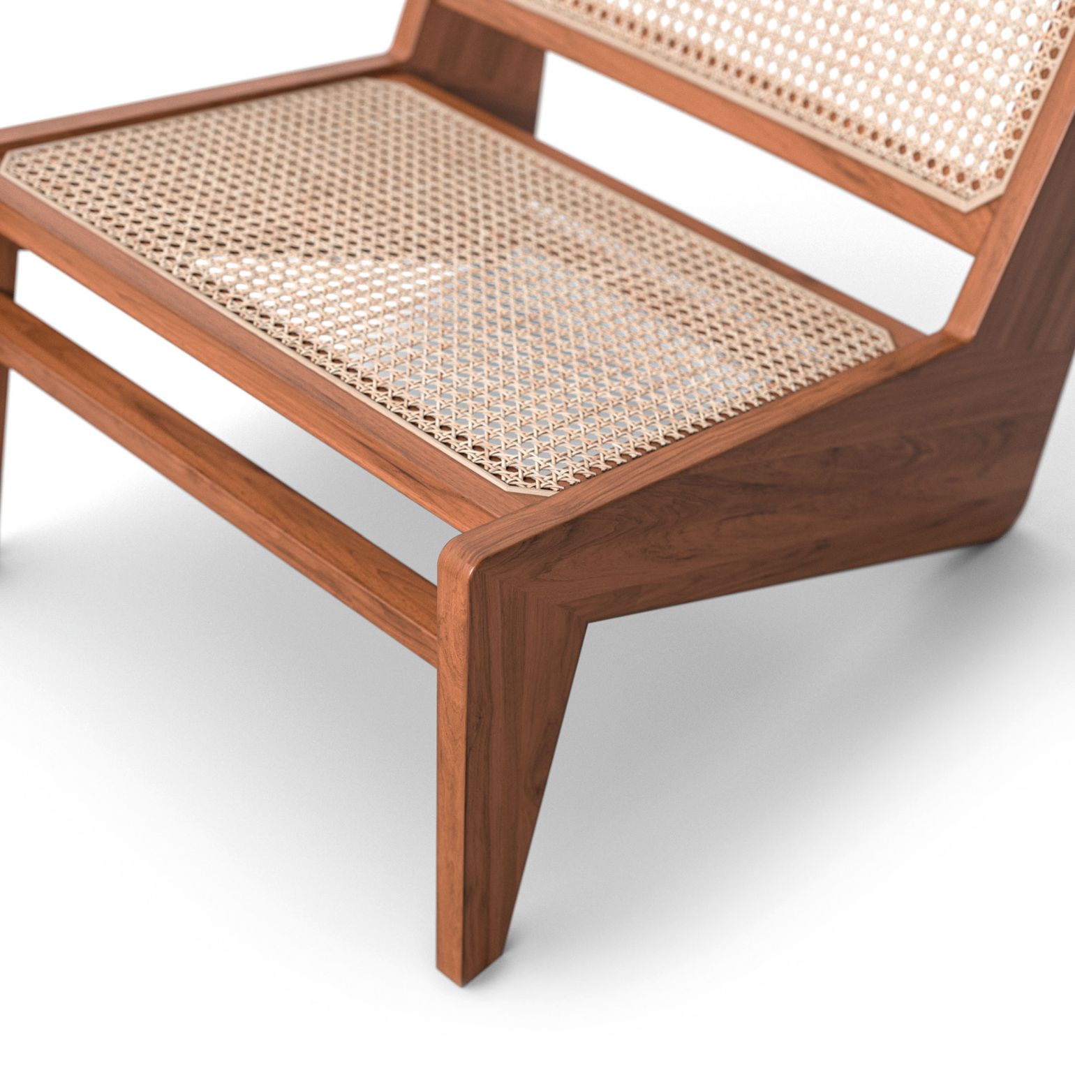 Detailaufnahme des 058 Kangaroo Sessel Cassina mit Wiener Geflecht und Holzrahmen. Designmöbel für Wohnzimmer.