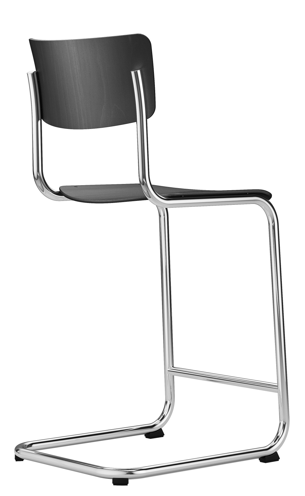 S 43 HT Barhocker von Thonet mit Stahlrohrgestell und schwarzer Holz Sitzfläche, seitliche Ansicht.