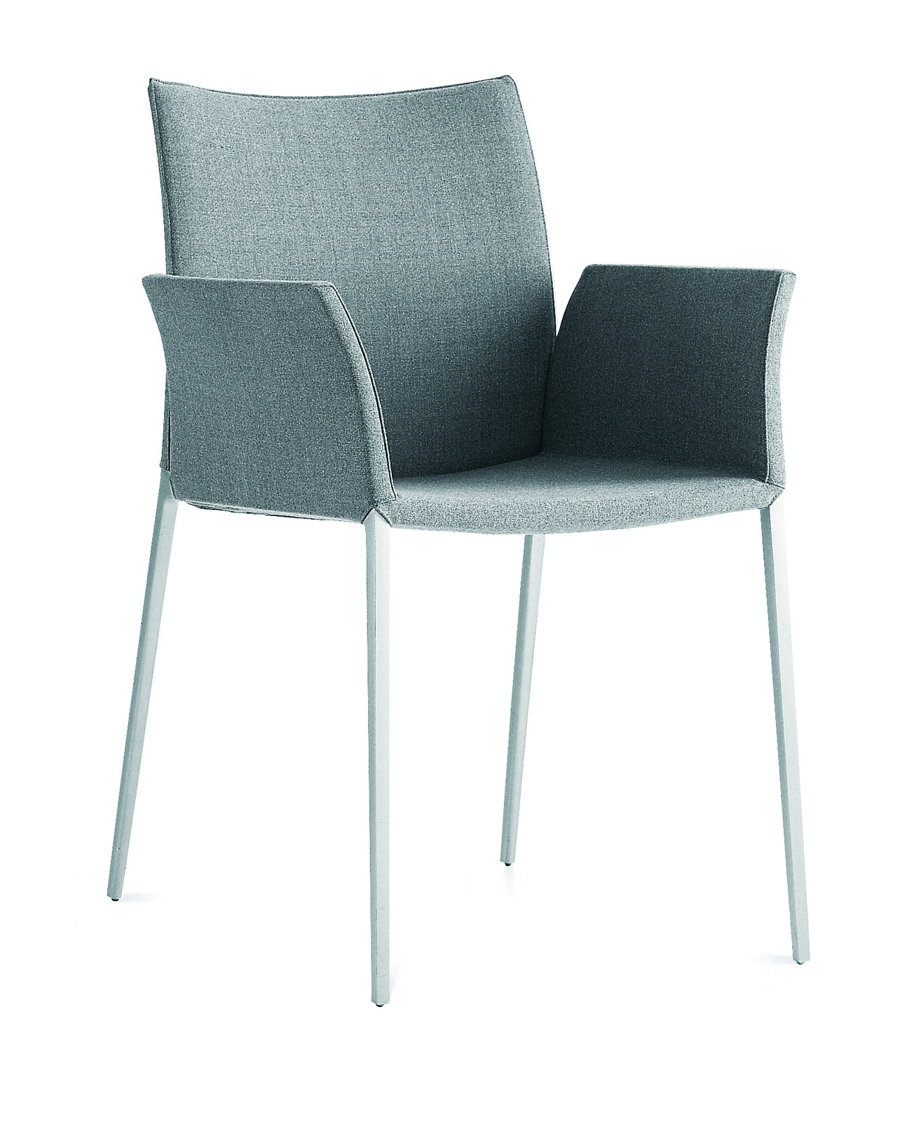 Lia Stuhl mit Armlehnen von Zanotta, grauer Stoffbezug und silberfarbenes Metallgestell. Moderner Esszimmerstuhl.