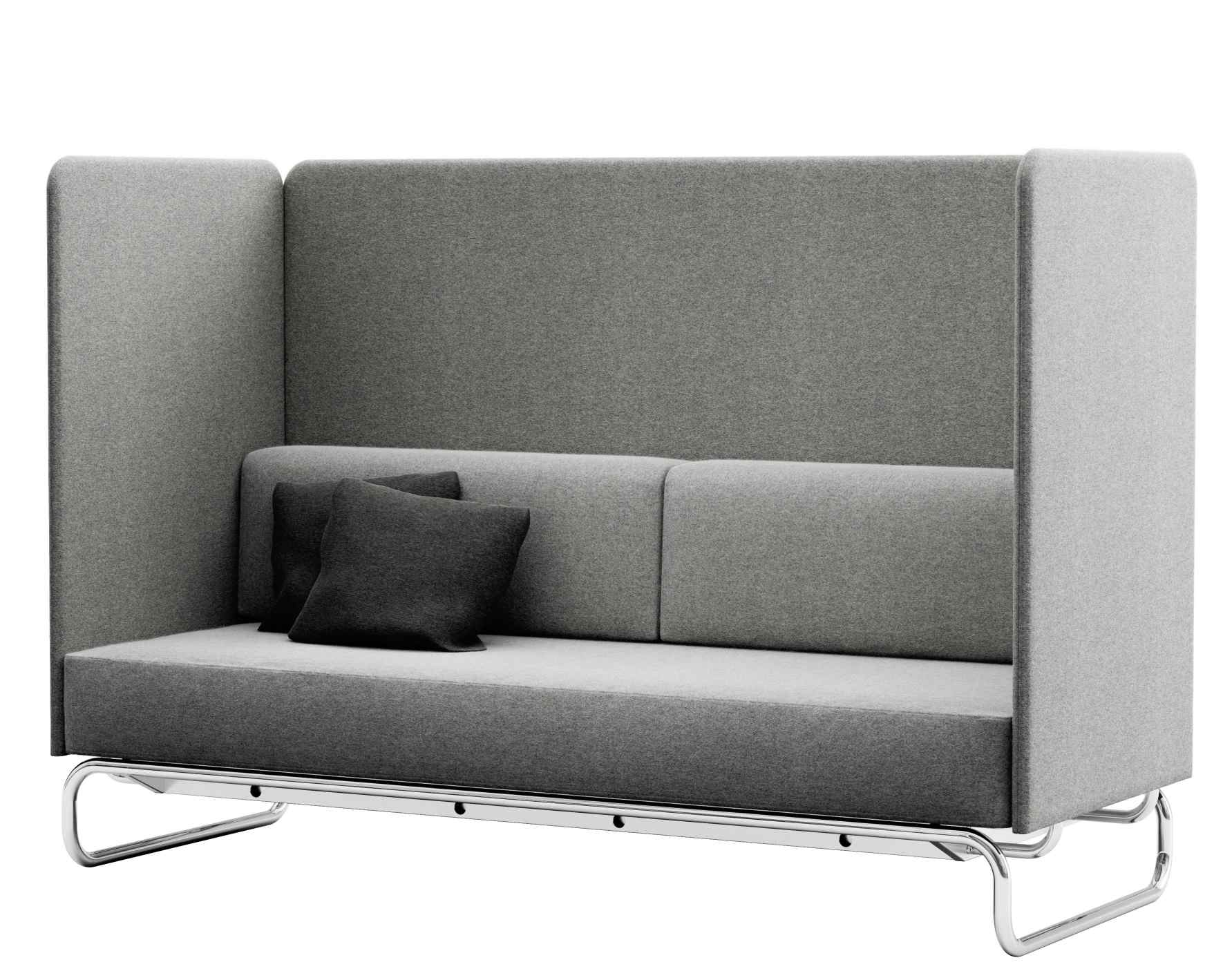 Graues Thonet 2-Sitzer Sofa mit hohen Seitenwänden und Kissen auf einem Chromgestell.