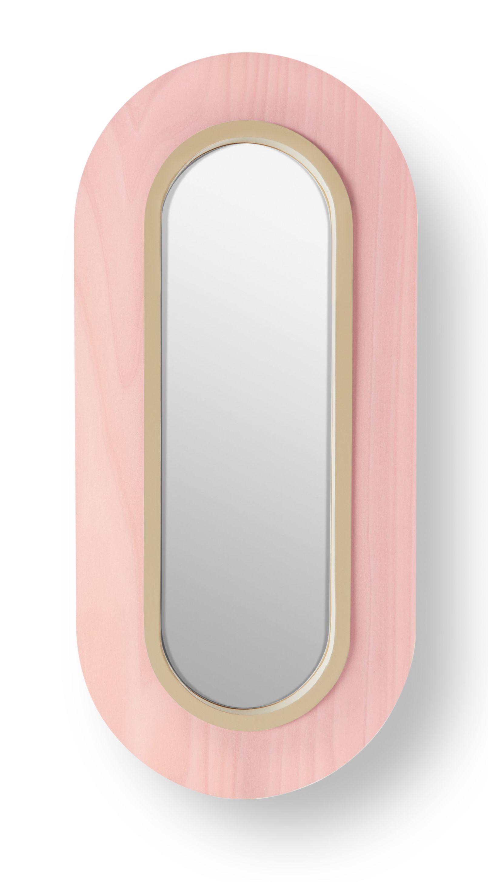 Lens LED Wandleuchte von LZF Lamps: Ovale Lampe mit elfenbeinweißem Metallring und hellrosa Holz.