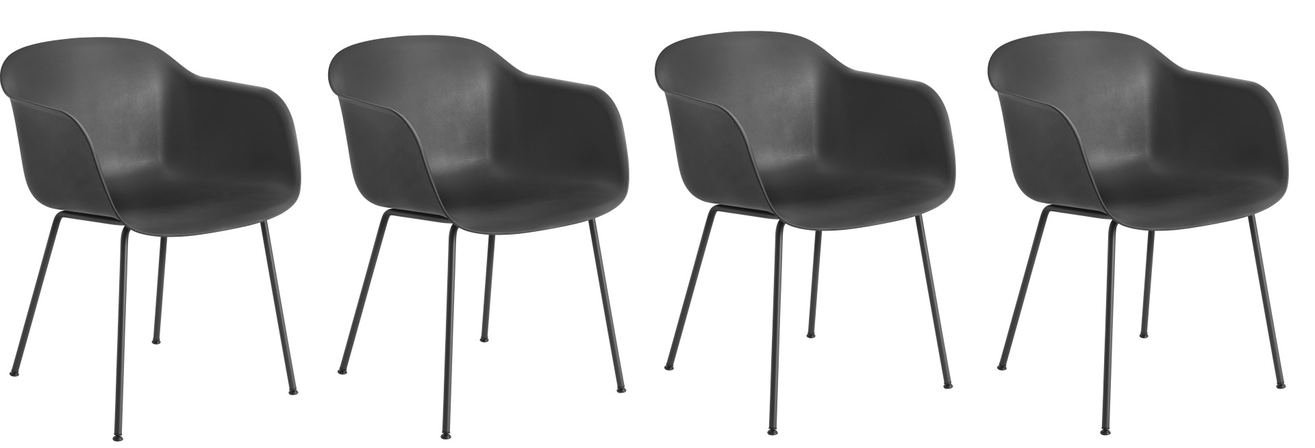 Vier schwarze Muuto Fiber Stühle mit Armlehne und filigranem Stahlrohrgestell im Set.