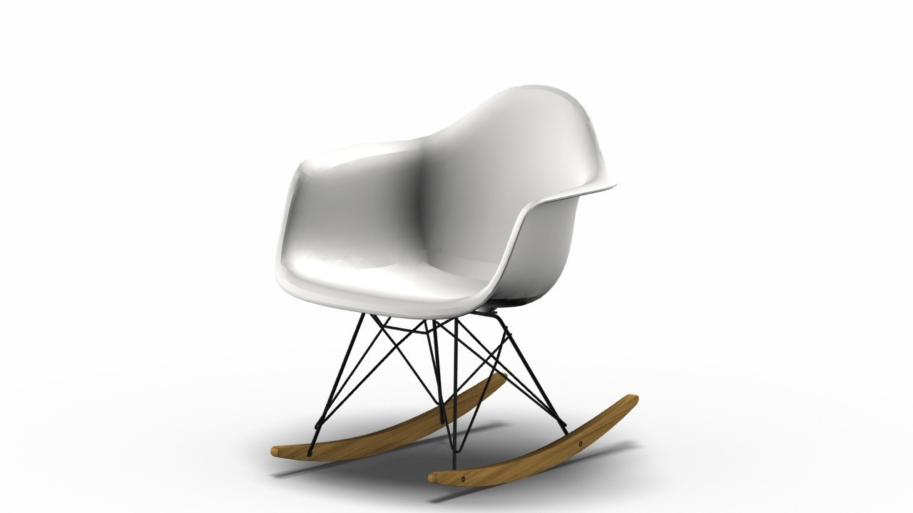 Weißer Eames Schaukelstuhl RAR mit Ahorn-Kufen und schwarzem Gestell von Vitra. Designklassiker für Wohnzimmer.