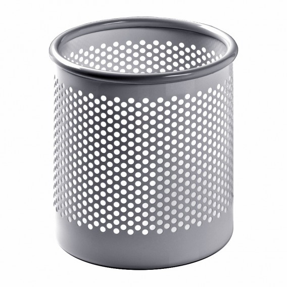 Grauer Cribbio Papierkorb von Rexite mit runder Form und Lochmuster für Büro und Zuhause.