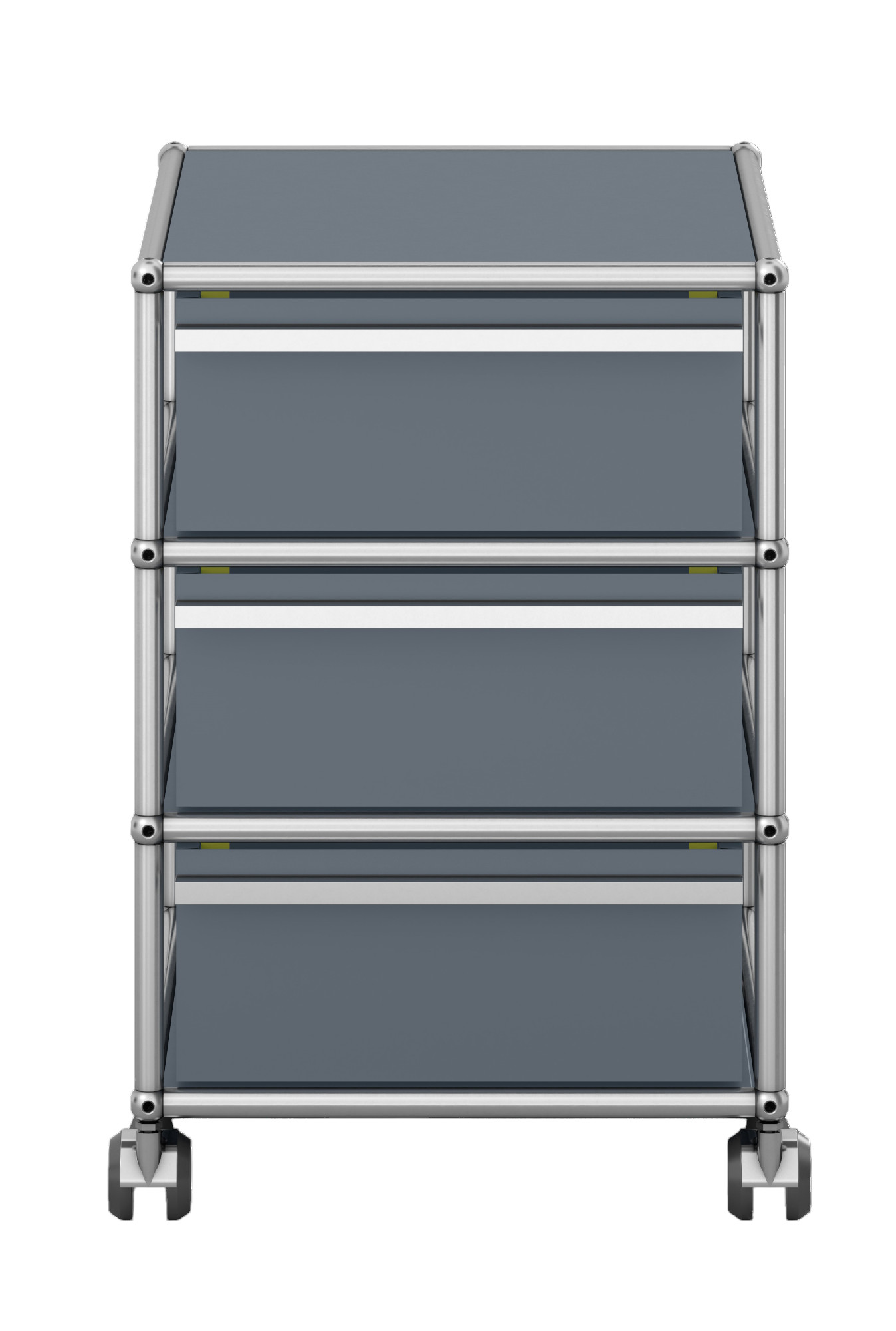USM Haller Rollcontainer in Mittelgrau mit drei Schubladen und verchromtem Gestell.