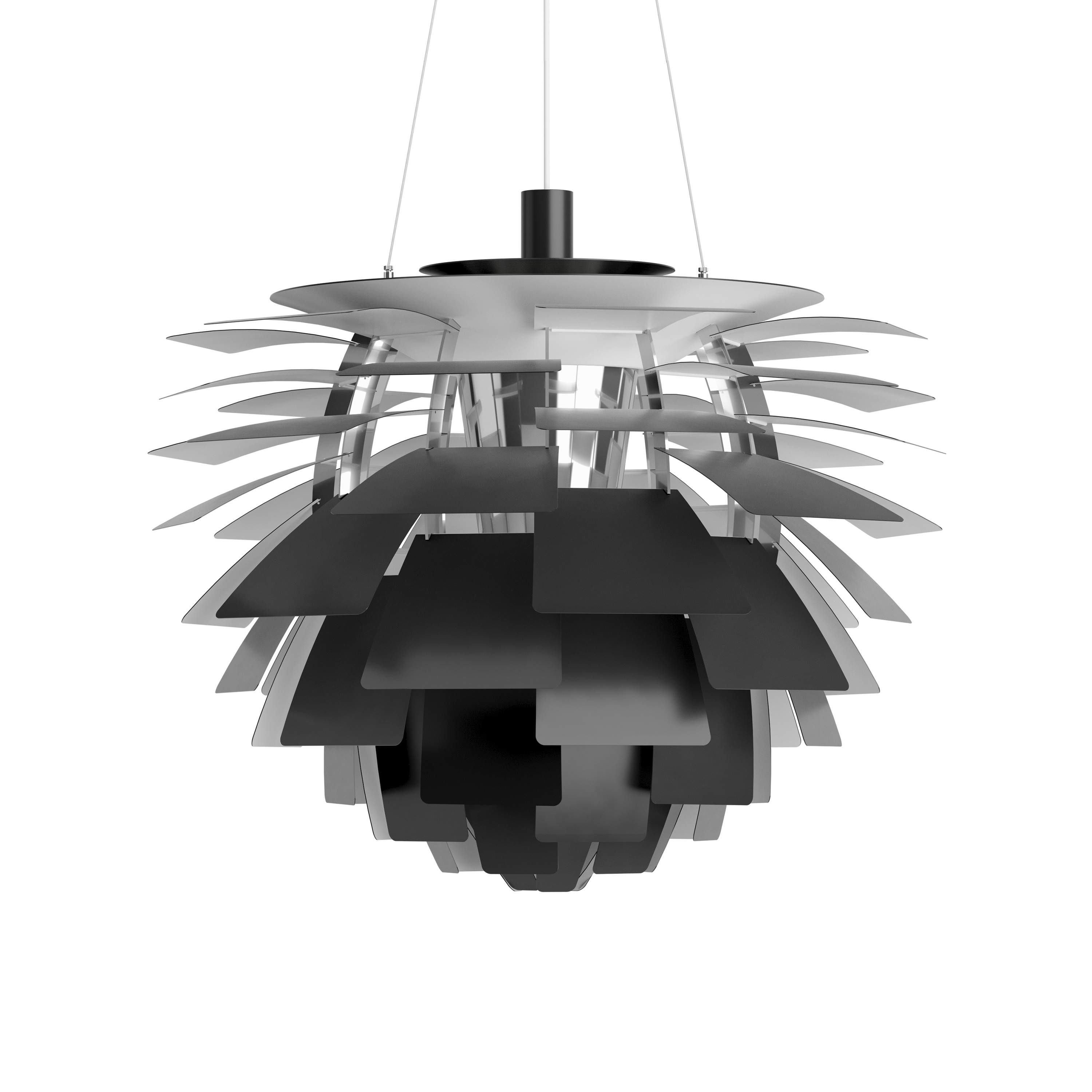 PH Artichoke Pendelleuchte von Louis Poulsen, moderne Designerlampe mit schirmartigen Elementen in Silber und Schwarz.