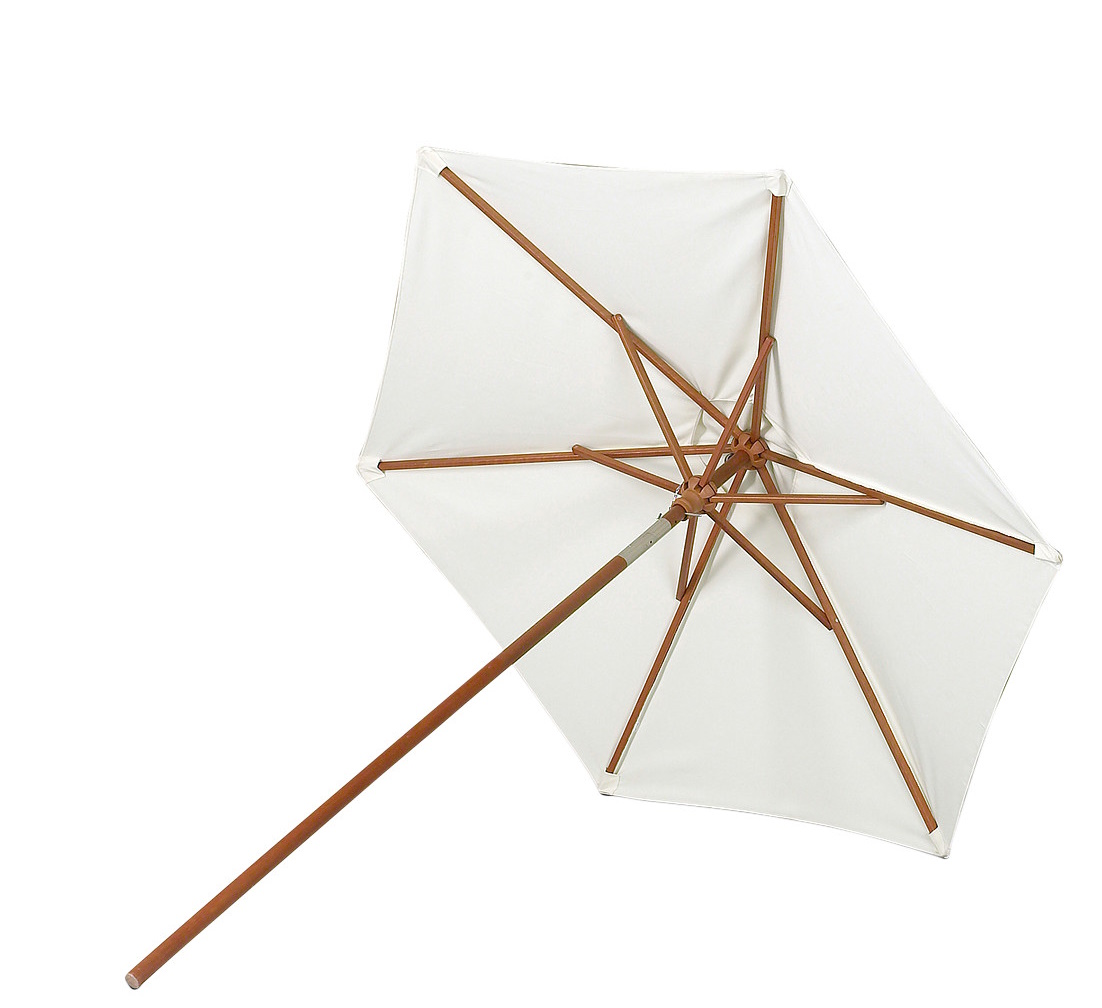 Messina Sonnenschirm von Skagerak, Ø 210 cm, in Off-White, mit Holzgestell von unten.