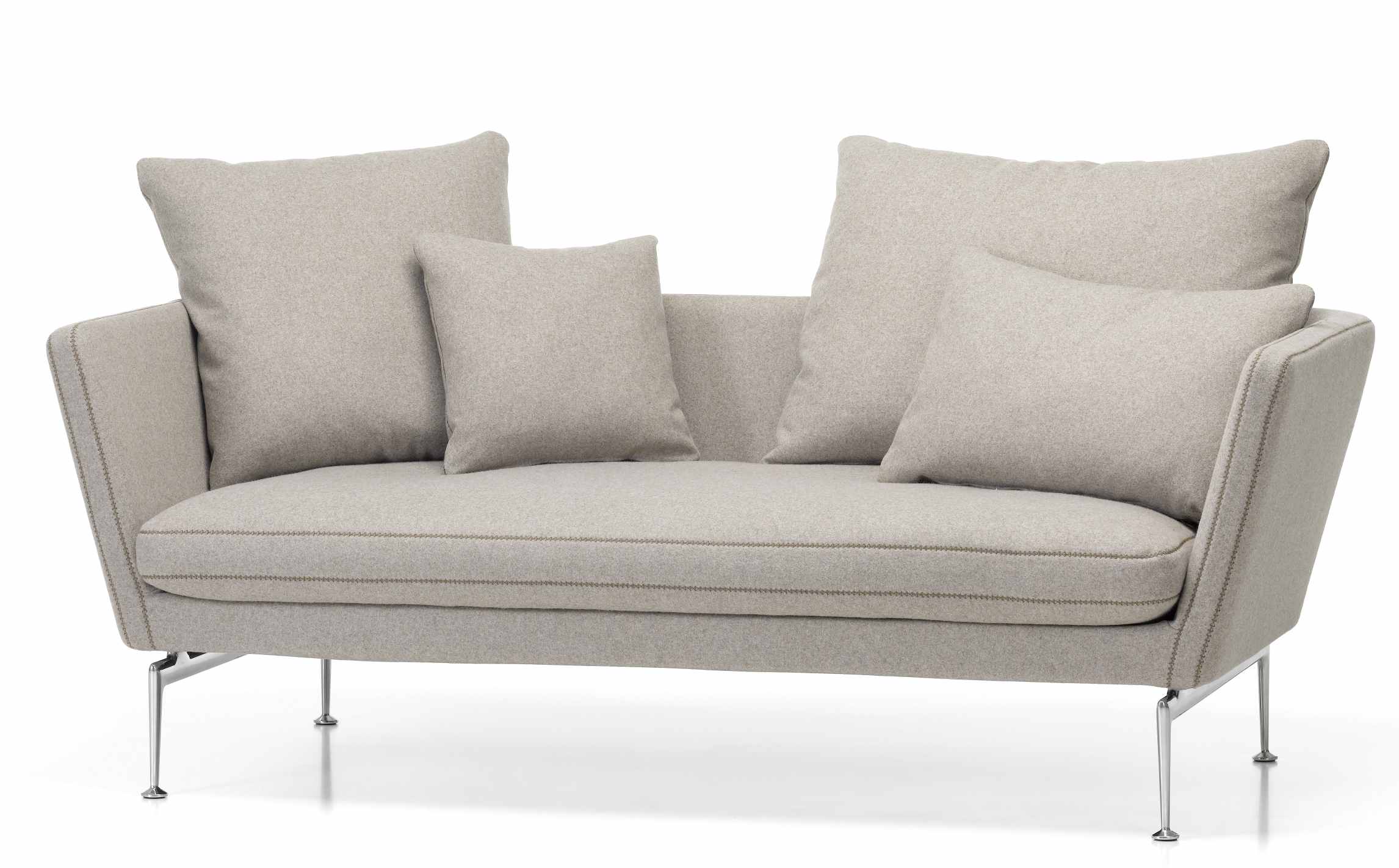 Vitra Suita Sofa, 2-Sitzer in hellgrauem Stoff mit Kissen und Chromfüßen.