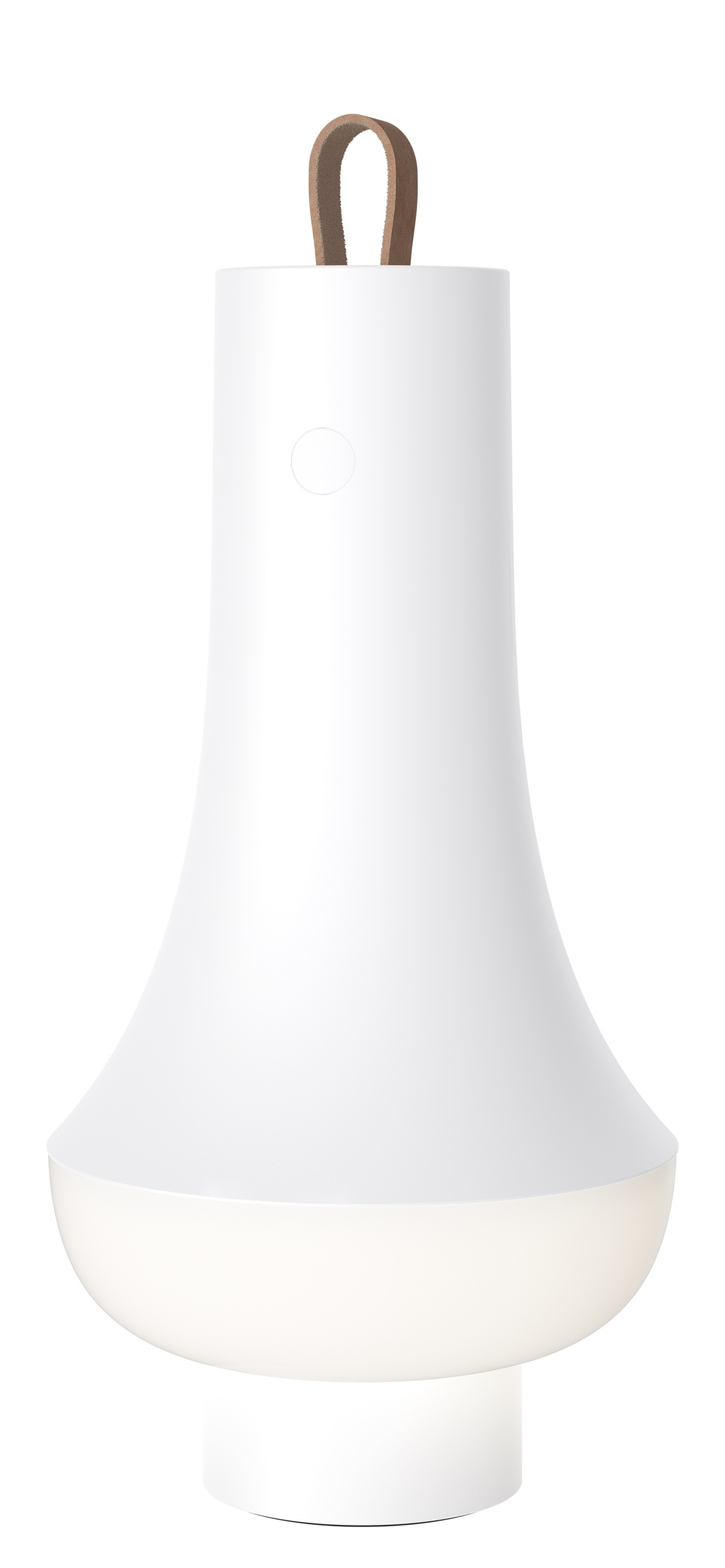 Weiße Tomoshi Tischleuchte von Louis Poulsen mit Ledergriff für den Innen- und Außenbereich.