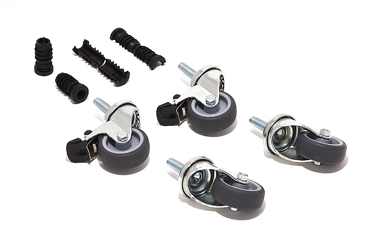 Vier Rollen für Eiermann Tischgestelle von Richard Lampert, mit Feststellbremse und Zubehör.