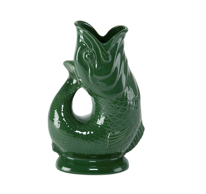 Dunkelgrüne Gluckigluck Fisch-Karaffe in XL-Größe. Keramik Vase in Fischform für Wasser oder Blumen.