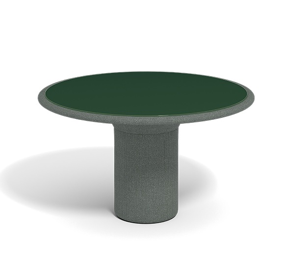 Echo Beistelltisch von Cor mit runder, grüner Tischplatte und grauem, stoffbezogenem Fuß.