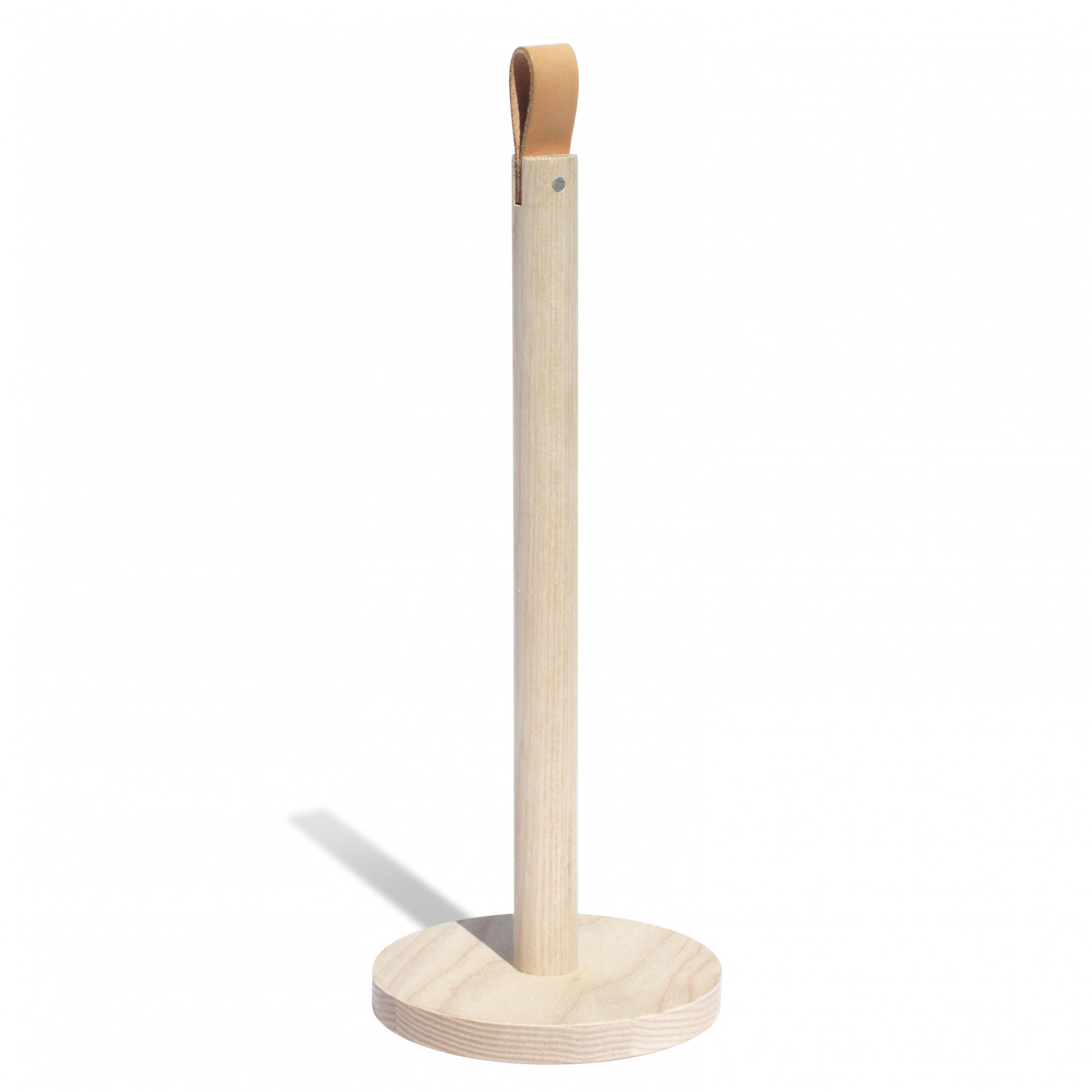 Küchenrollenhalter aus hellem Holz mit Ledergriff, ideal für die moderne Küche.