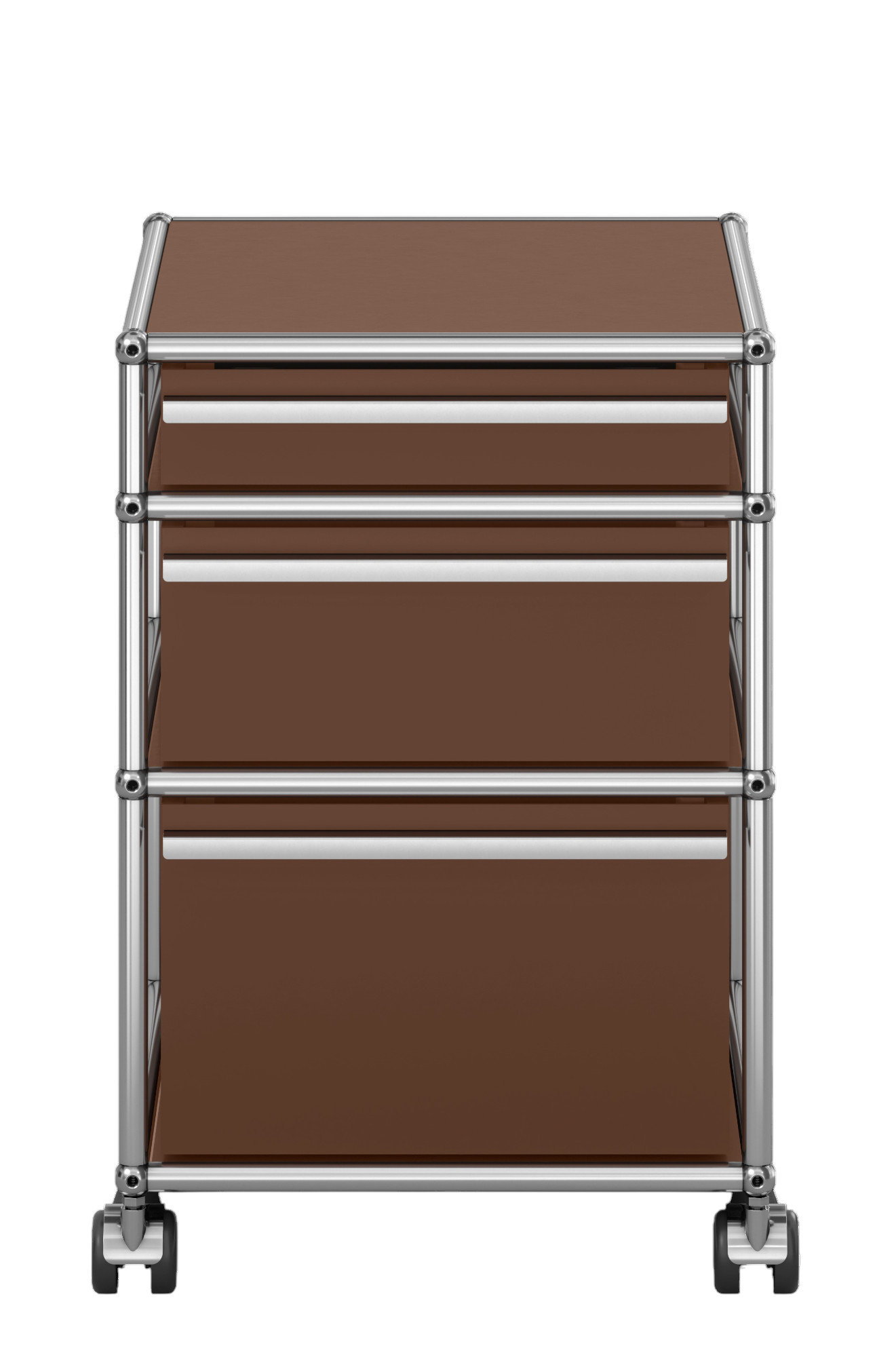 USM Haller Rollcontainer, braun, mit drei Schubladen und verchromtem Gestell, Frontansicht.