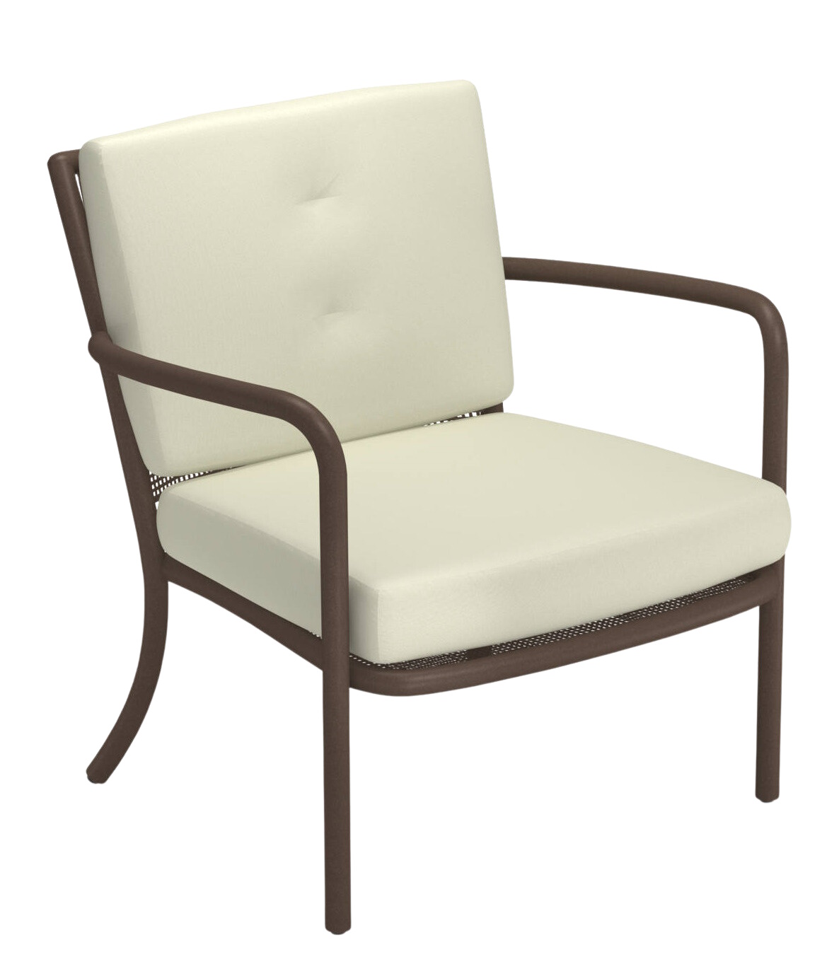 Athena Lounge Chair: Bequemer Outdoor Sessel von Emu mit cremefarbenen Polstern und braunem Gestell.