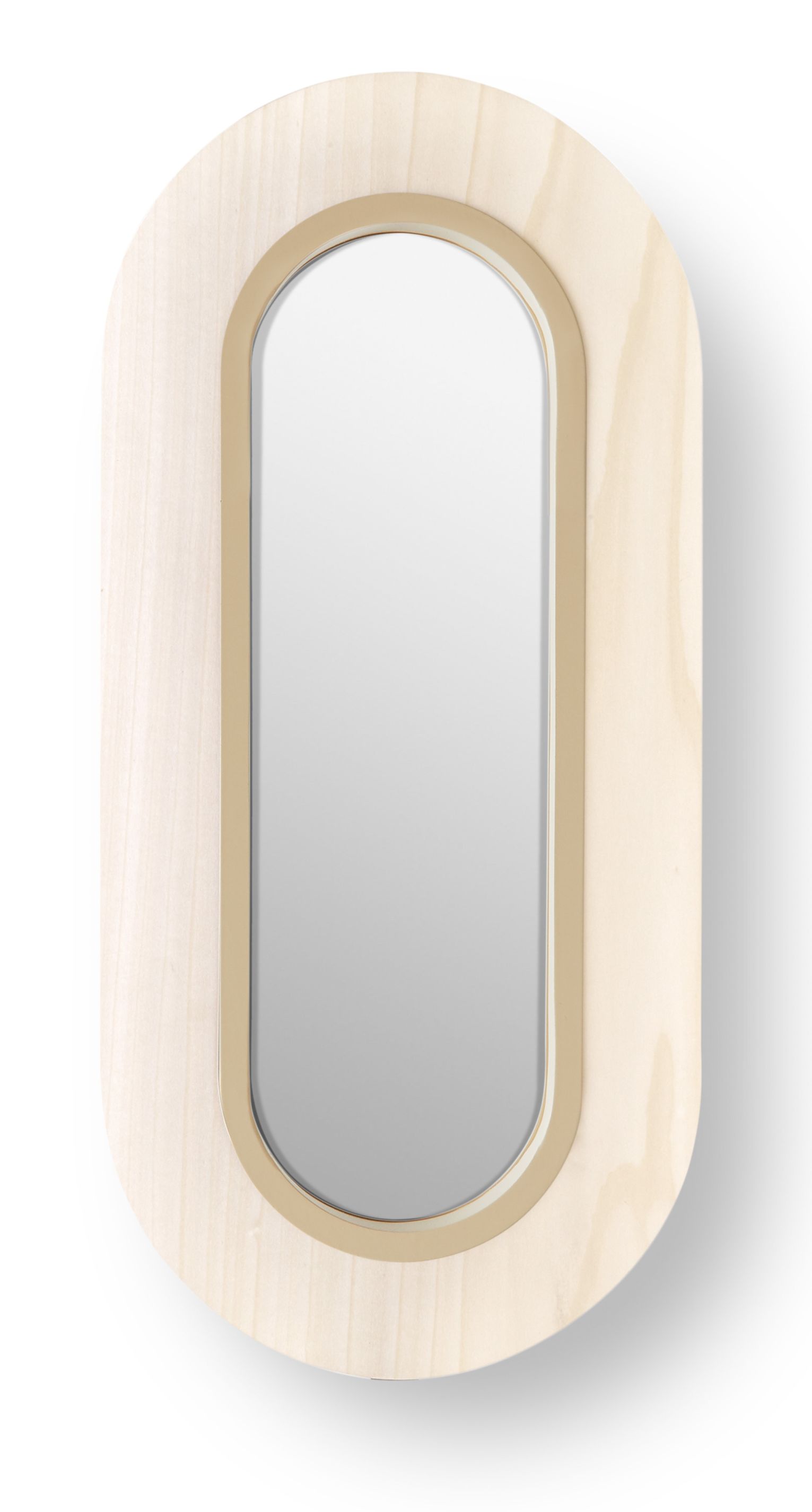 Ovale Lens LED Wandleuchte von LZF Lamps mit elfenbeinweißem Metallring und Holzrahmen.