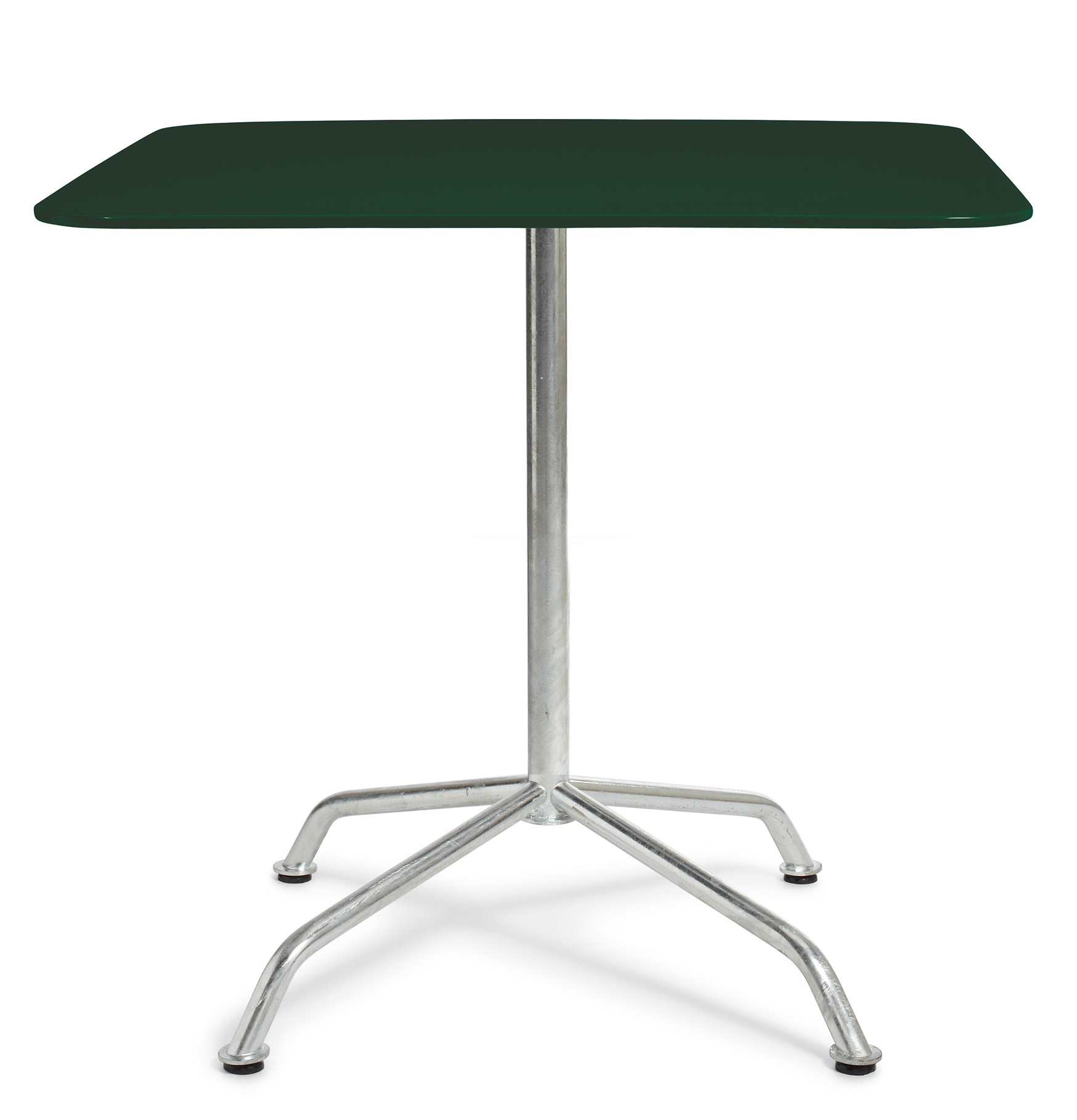 Haefeli Gartentisch von Embru: Quadratischer Outdoor-Tisch mit dunkelgrüner Tischplatte und silbernem Metallgestell.