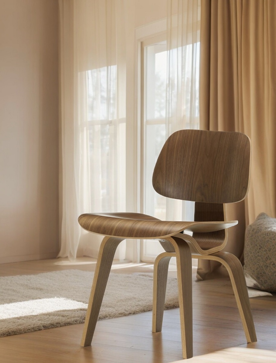 Vitra Holzstuhl, Modell Plywood Group DCW, Designklassiker aus Schichtholz, modernes Möbeldesign.