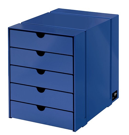 USM Haller Inos Kastenset in Enzianblau mit fünf geschlossenen Schalen für Büro und Homeoffice.
