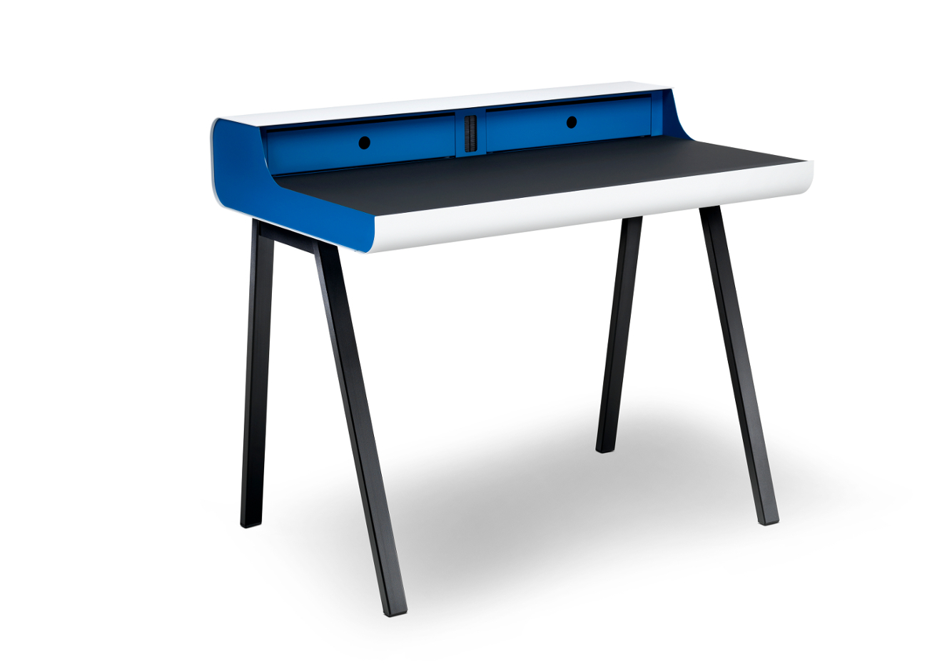 PS10 Sekretär von Müller Möbelfabrikation: Moderner Schreibtisch in Weiß, Blau und Schwarz mit Schubladen.