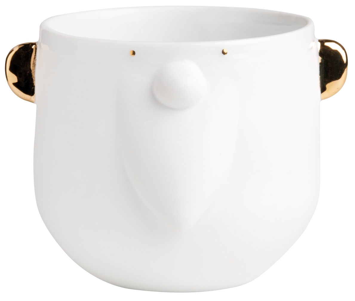 Weißer Porzellanbecher "Santa" mit goldenen Henkeln und Gesichtszügen, modernes Design für Kaffee, Tee.