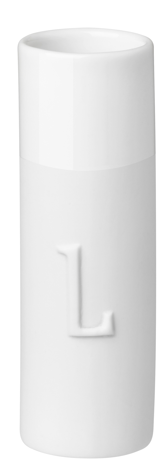 Weiße Räder Wolke Sieben Minivase mit erhabenem "L", minimalistische Dekoration für Blumen und Pflanzen.