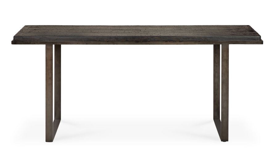 Ethnicraft Stability Konsole Umberbraun: Rechteckiger Konsolentisch aus dunklem Holz mit Metallgestell, modernes Möbeldesign.