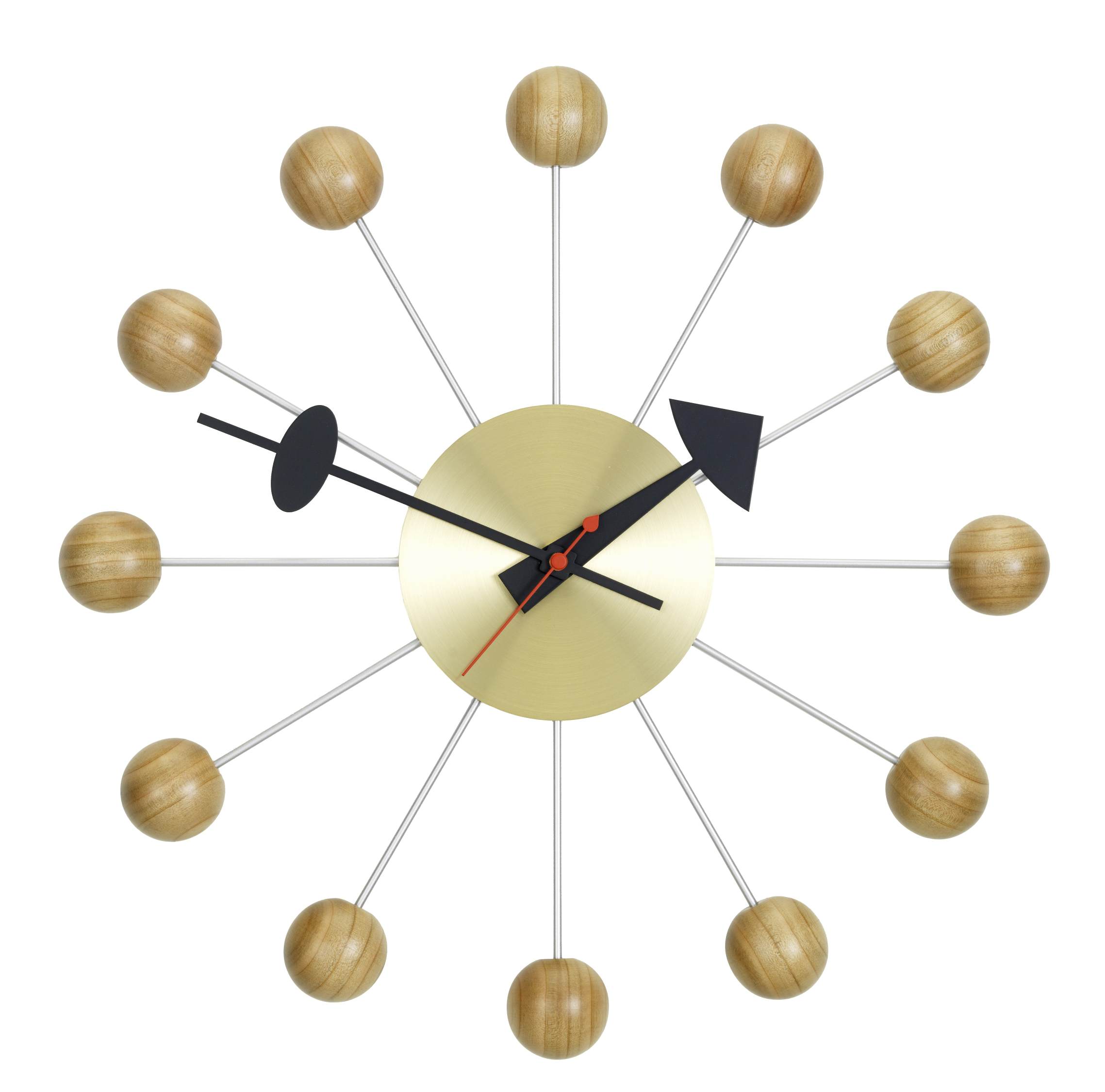 Ball Clock Wanduhr mit Kirschbaumholz-Kugeln und goldenem Ziffernblatt für modernes Wohnen.