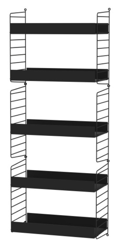 Schwarzes String Regalsystem mit vier Böden für Wohnzimmer und Büro. Wandregal zur Aufbewahrung.