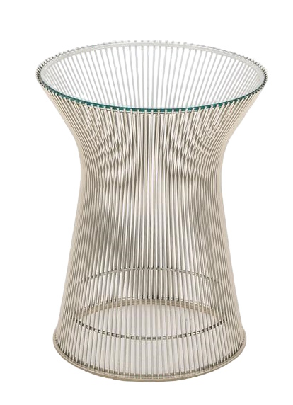 Platner Beistelltisch mit Glasplatte und Stahlgestell, moderner Couchtisch für Wohnzimmer.