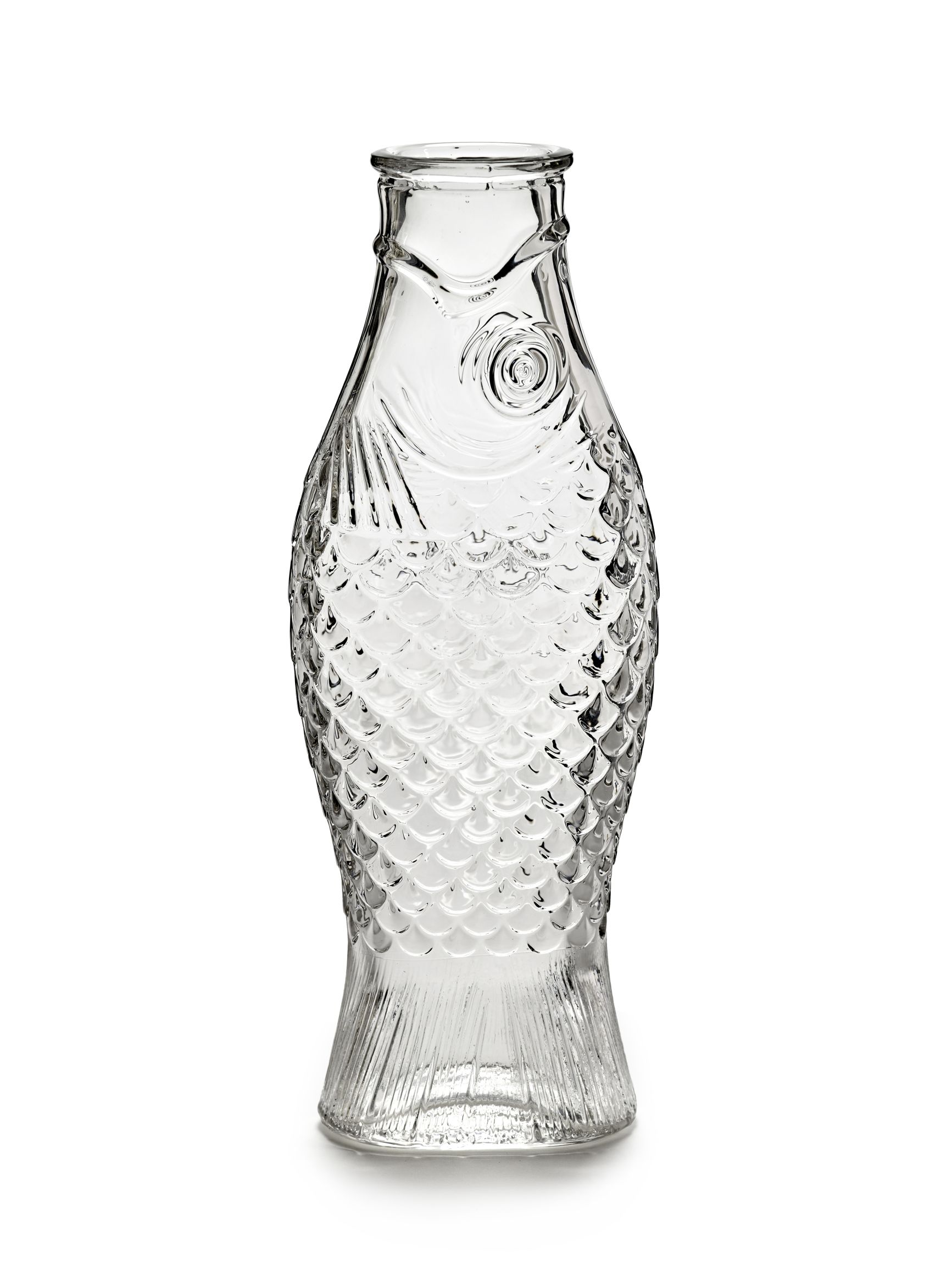 Transparente Fisch-Flasche von Serax, dekorative Glasflasche in Fischform mit Schuppenmuster, ideal als Vase.