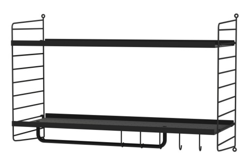 Schwarzes String Regal mit zwei Regalböden und Handtuchhalter für Flur oder Küche.