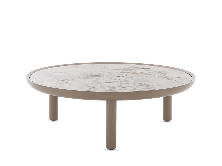 K-Top Couchtisch von Kartell in Taupe mit runder Marmorplatte und drei Beinen.
