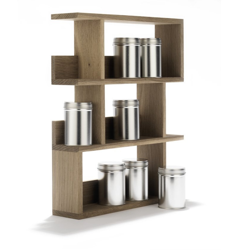 Gewürzregal aus Holz mit Gewürzdosen, Gourmet Side by Side, zur Küchenorganisation und Gewürzaufbewahrung.