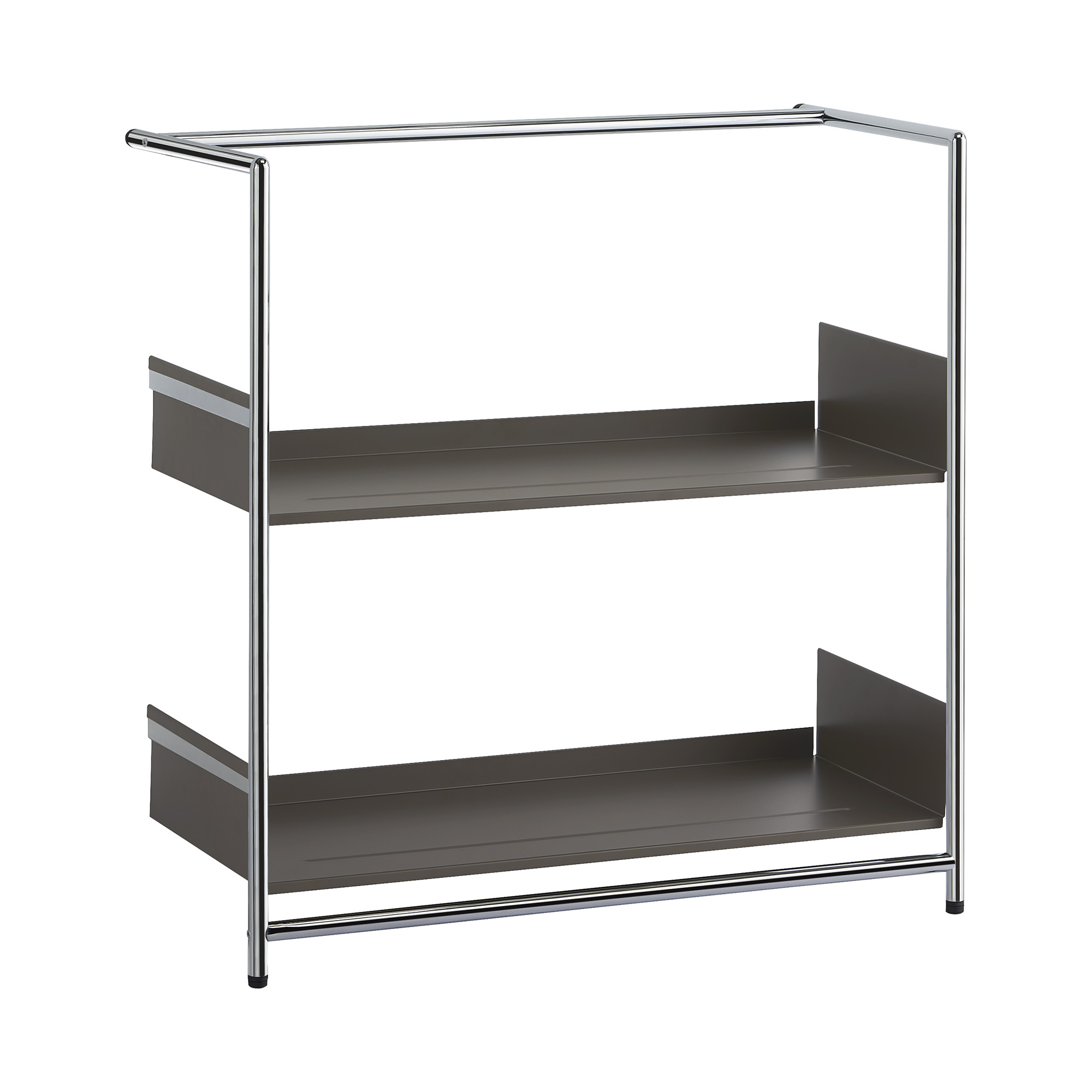 Pool 82 Regal von Mox: Anlehnregal, Schuhregal mit zwei Ablageflächen und verchromtem Stahlgestell.