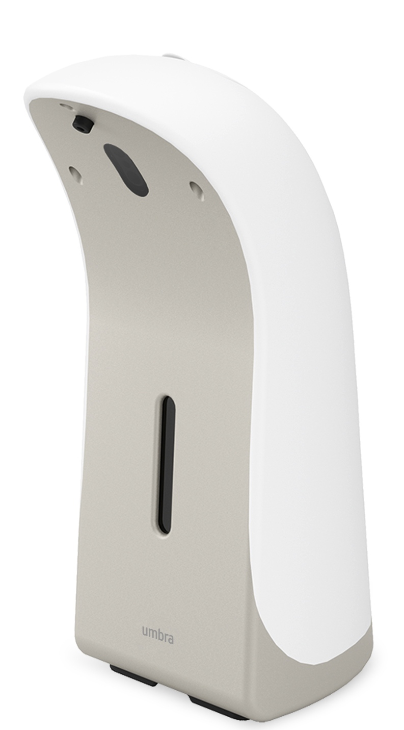 Weißer Umbra Emperor Automatik Seifenspender mit Nickelfarbenem Korpus und Füllstandsanzeige für berührungslose Seifenentnahme.