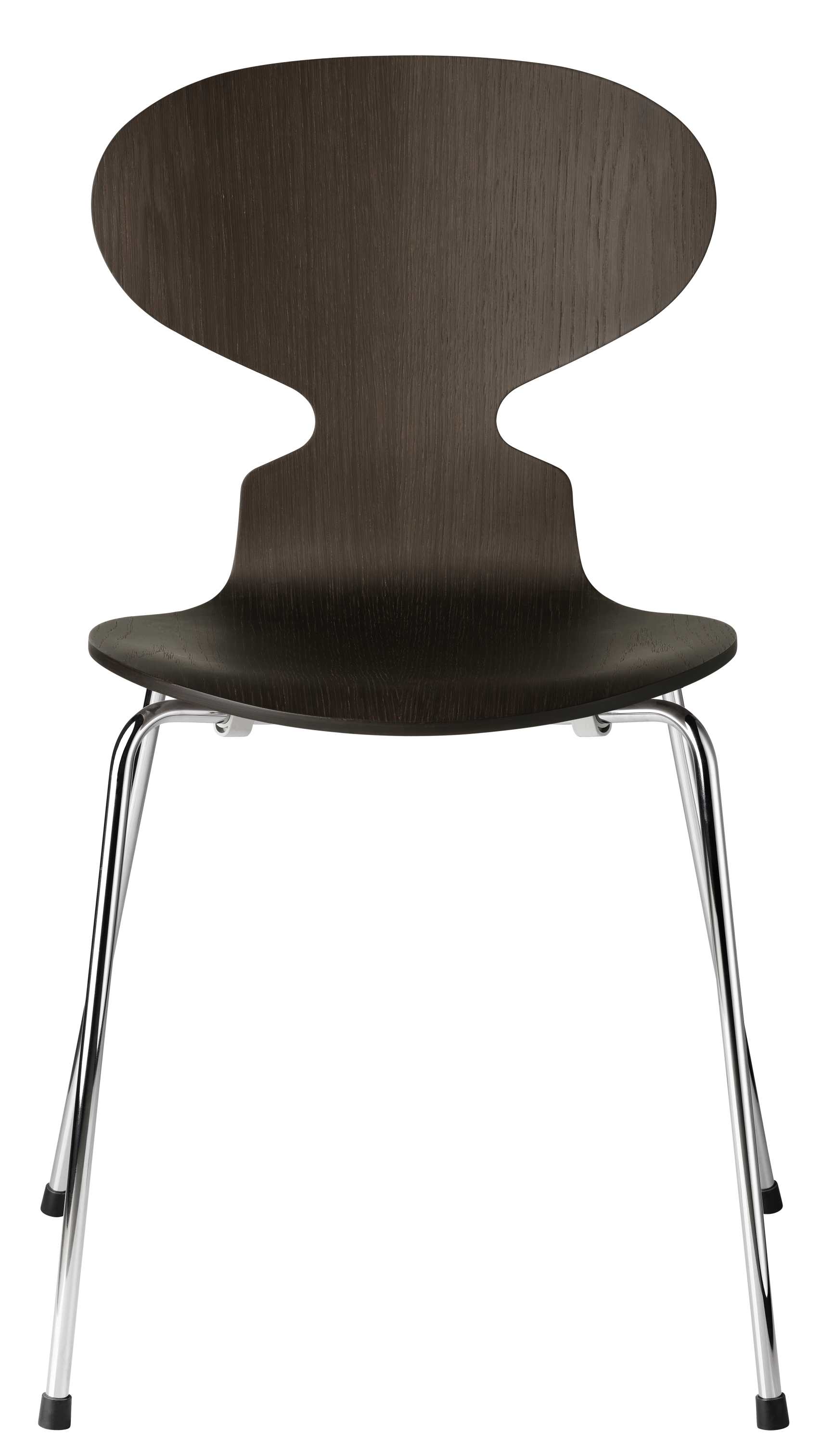 Die Ameise Stuhl von Fritz Hansen mit dunkler Holzschale und verchromtem 4-Bein Gestell.
