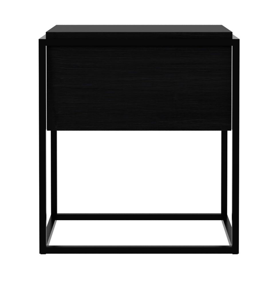 Monolit Nachttisch von Ethnicraft, Eiche schwarz, mit Schublade und minimalistischem Metallgestell.