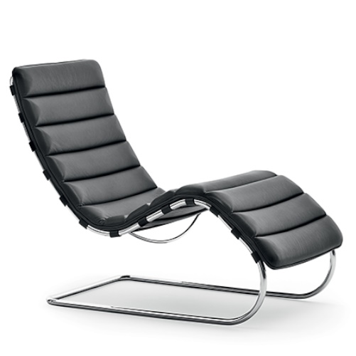 Schwarze MR Bauhaus Liege von Knoll International mit verchromtem Gestell und Lederpolsterung.