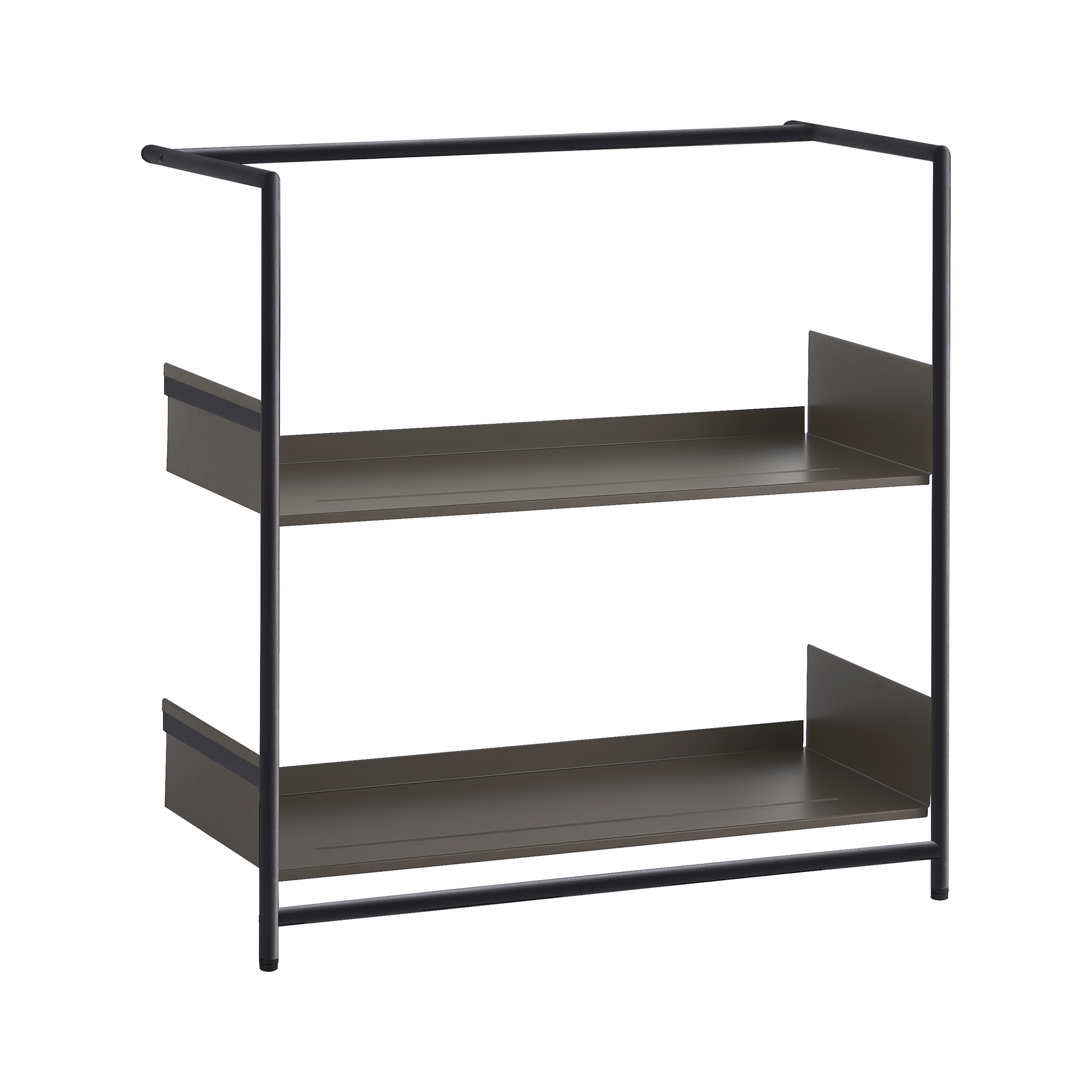 Pool 82 Regal von Mox, ein modernes Anlehnregal oder Schuhregal mit zwei Ablageflächen in Braun.