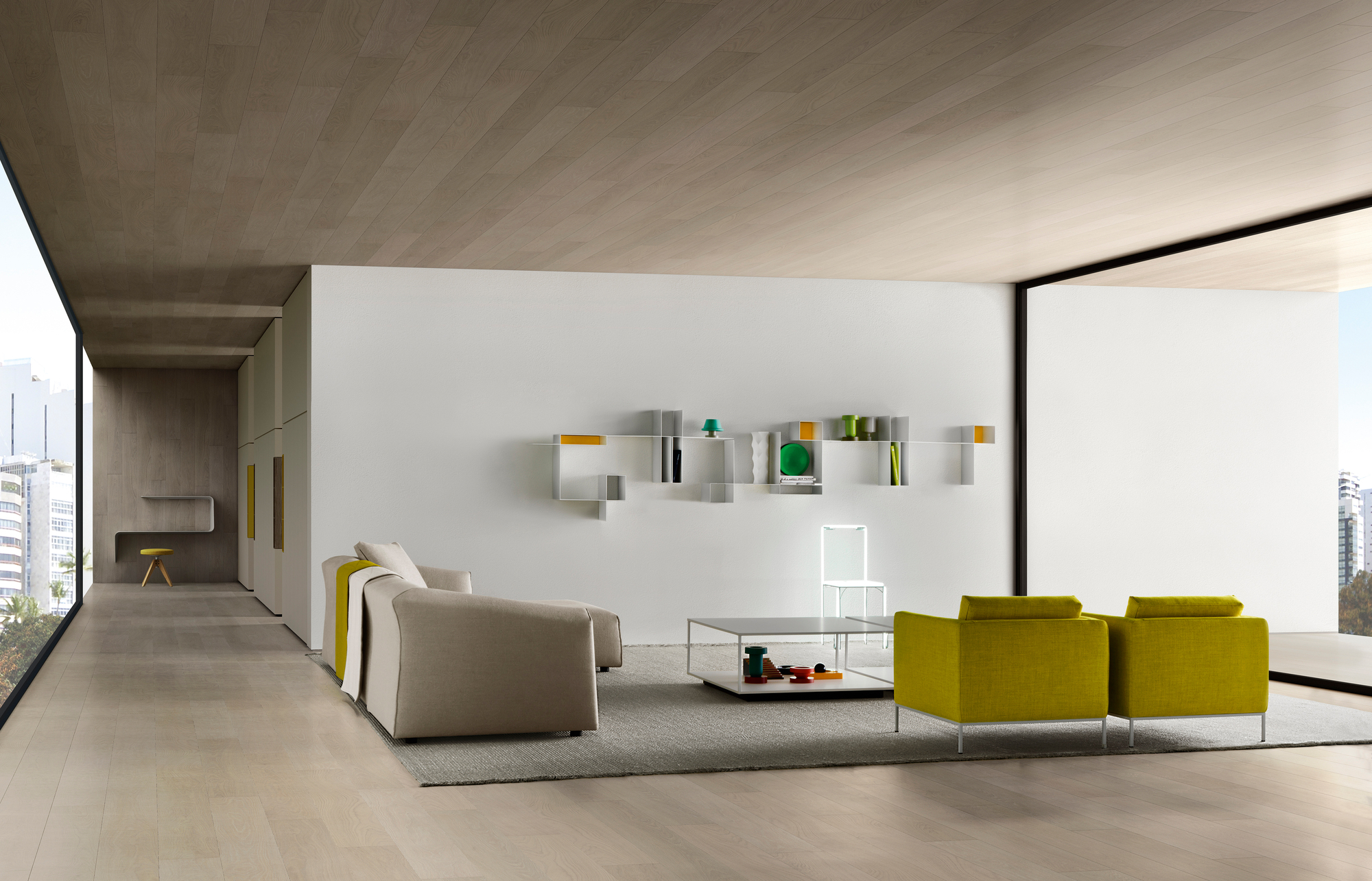 Wohnzimmer mit Randomissimo Regalsystem von MDF Italia, weißen Regalen und modernen Möbeln.